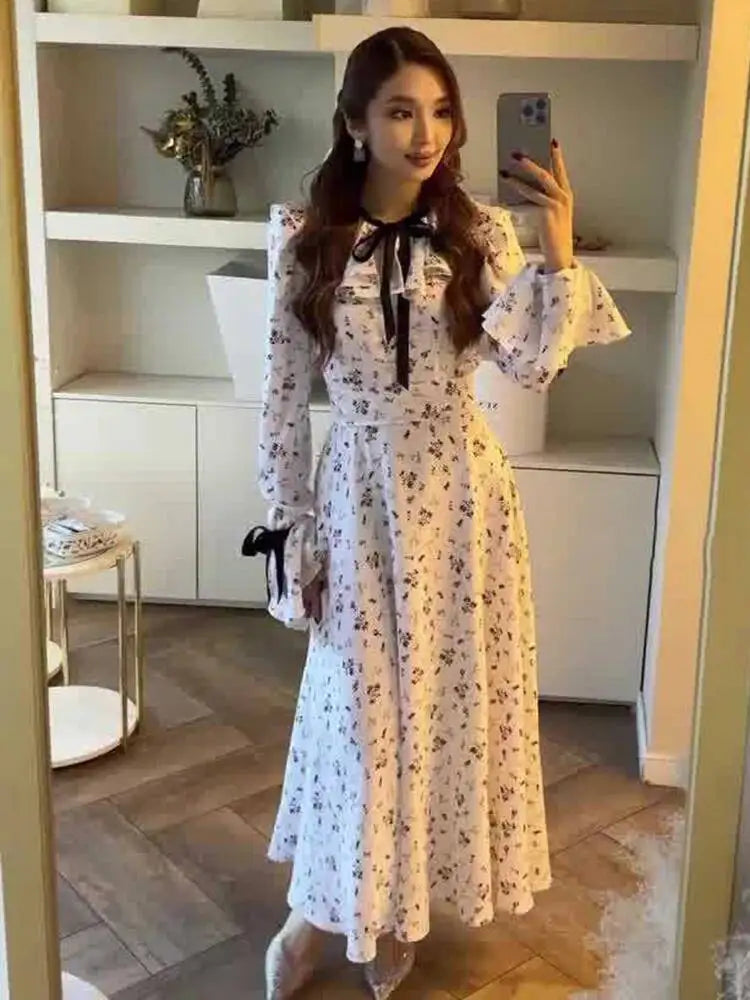 Sweet Printed Bandage Long Sleeved Slim Fit Midi Dresses