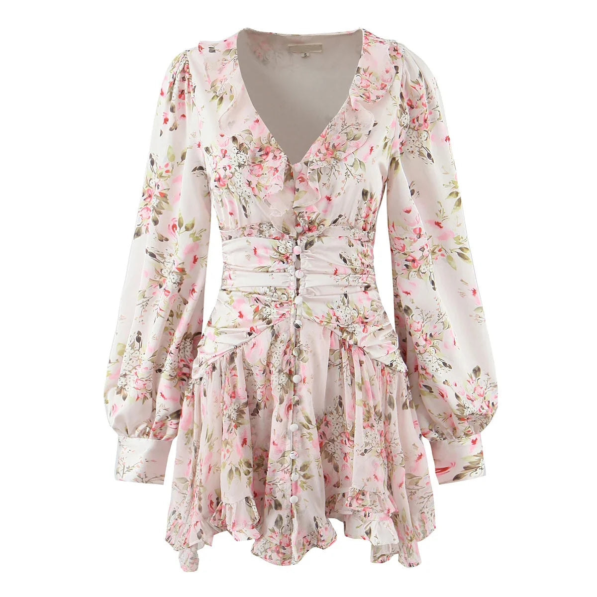 Autumn Boho Floral Print Ruffle Mini Dresses Long Sleeve V Neck Casual Holiday Lady Dresses