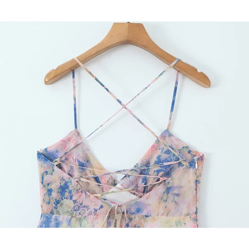 Sexy Backless Sling Floral Print Ruffle Long Dresses