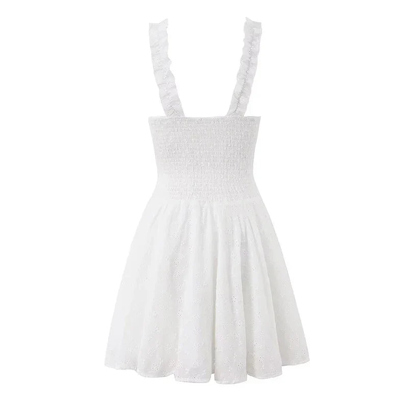 Hollow Out Embroidery White Mini Dresses Ruffle Trim V Neck Sleeveless Casual Summer Vacation Party Dress