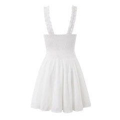 Hollow Out Embroidery White Mini Dresses Ruffle Trim V Neck Sleeveless Casual Summer Vacation Party Dress