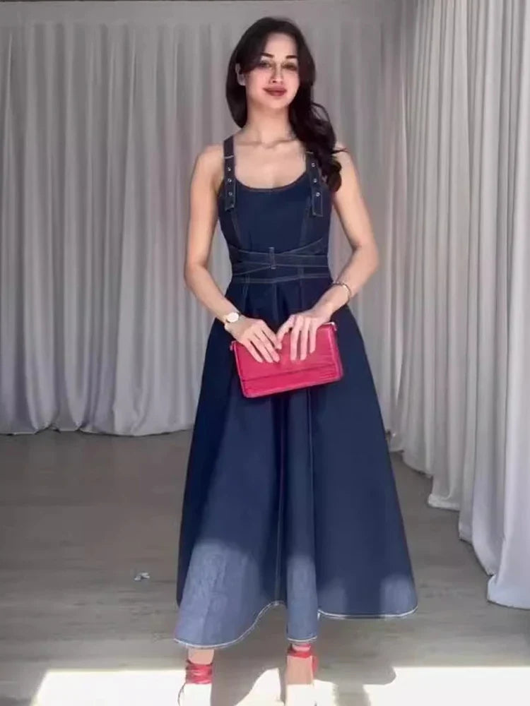 Summer Detachable Strap Backless Design Waist-Cinching Long Denim Dresses