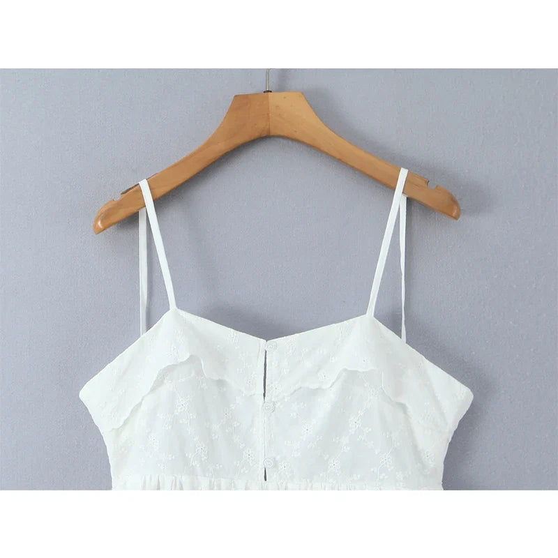 Sexy Backless Floral Embroidery White Sling Mini Dresses