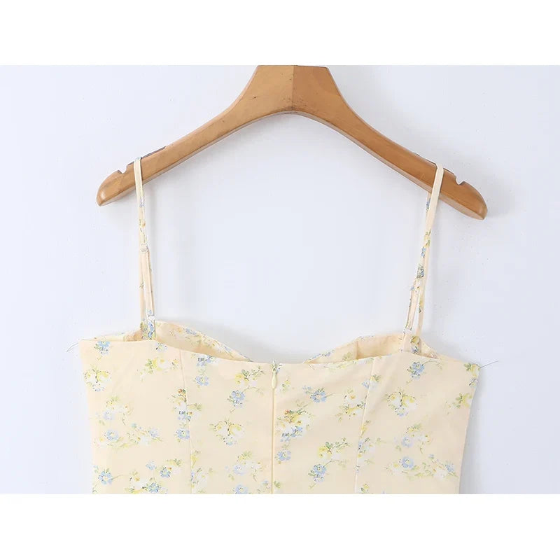 French Yellow Floral Print Sexy Sling Holiday Dresses