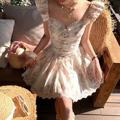 Sweet Girl Lace Spliced Floral Print Mini Dresses