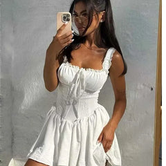 Sweet Elegant Lace Spliced Bandage Sleeveless White Dresses