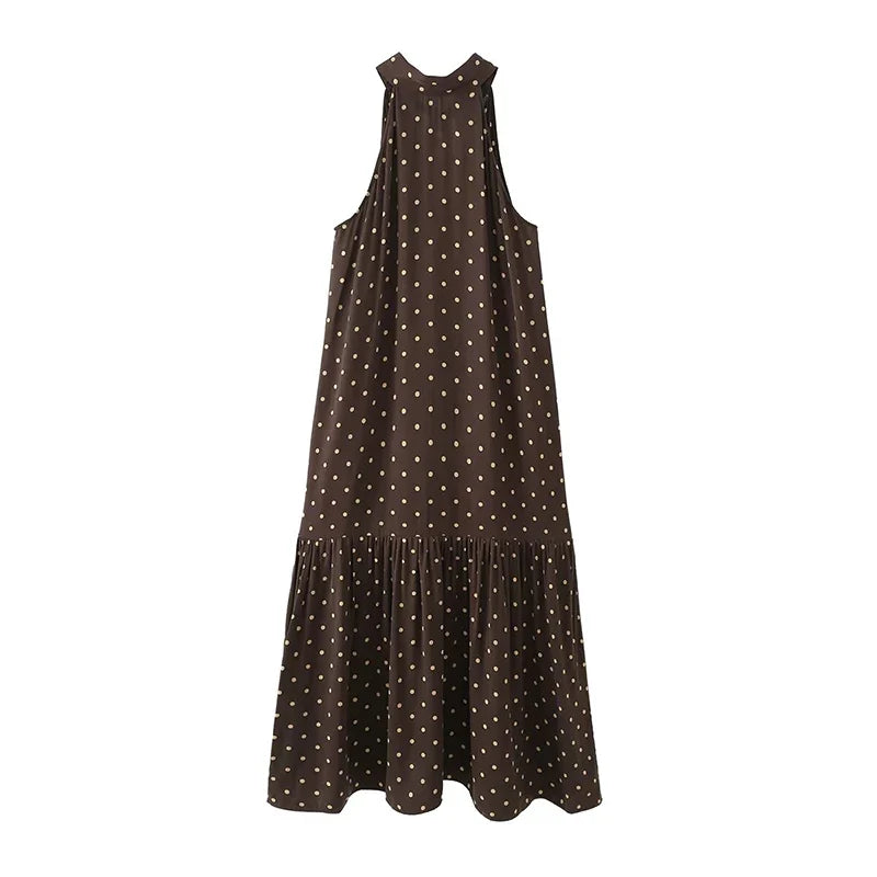 Brown Polka Dot Halter Maxi Dresses