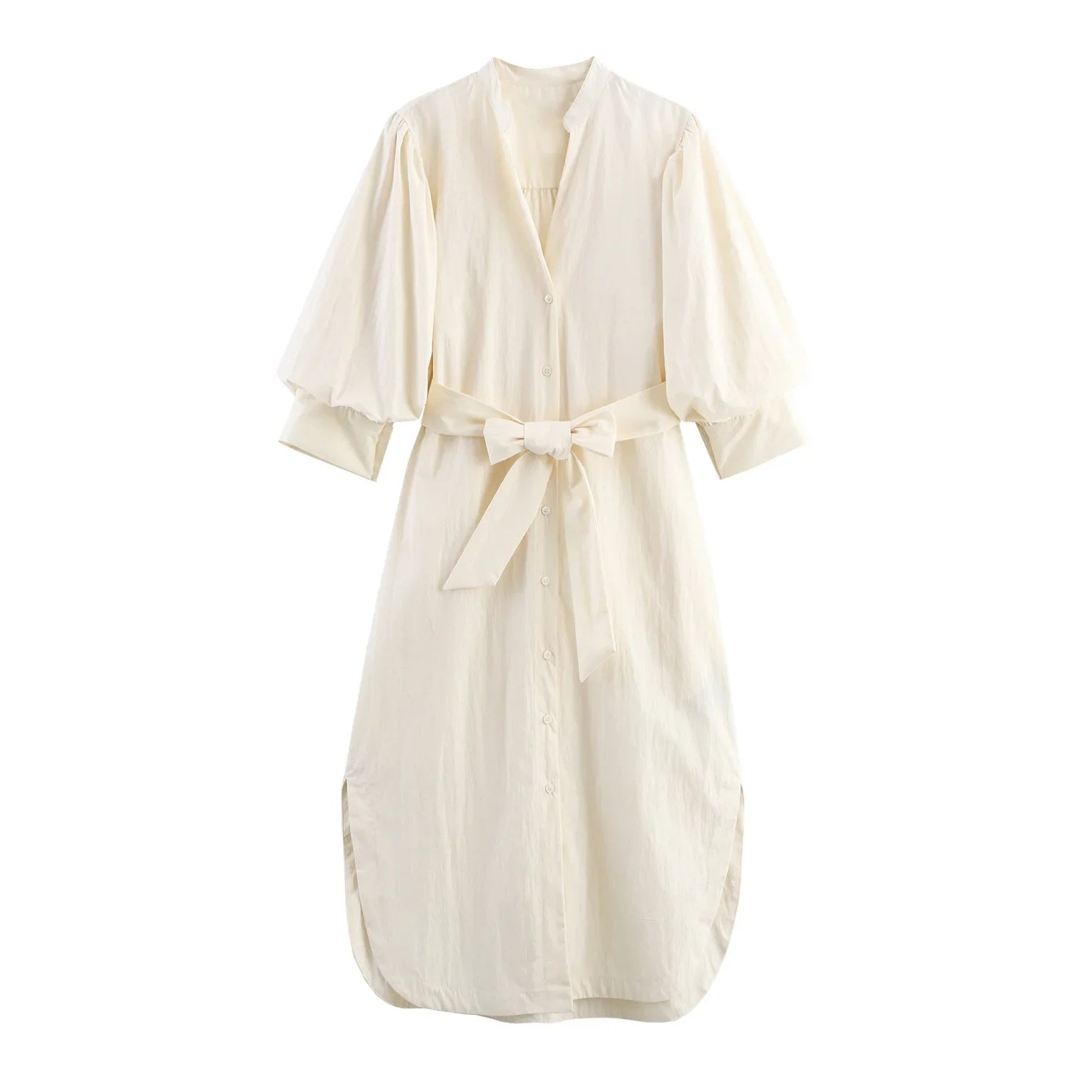 Ivory Puff-Sleeve Shirt Dresses