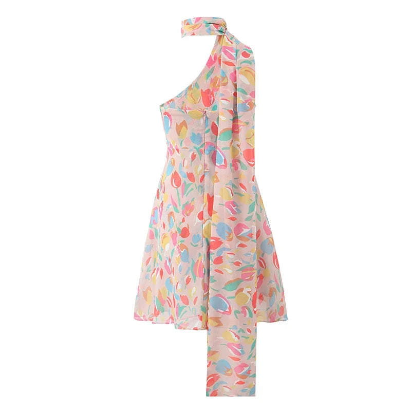 Multicolor Print Asymmetric Shoulder Halter Dresses