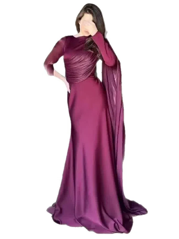 Elegant Round Neck Long Sleeved Asymmetrical Waist Slimming Dresses