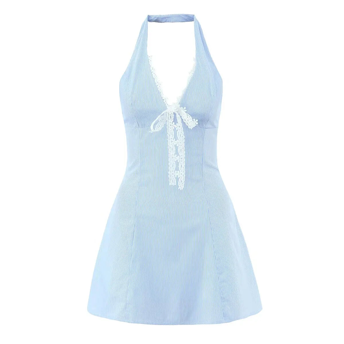 White Lace Trim Pink Blue Striped Halter Mini Dresses