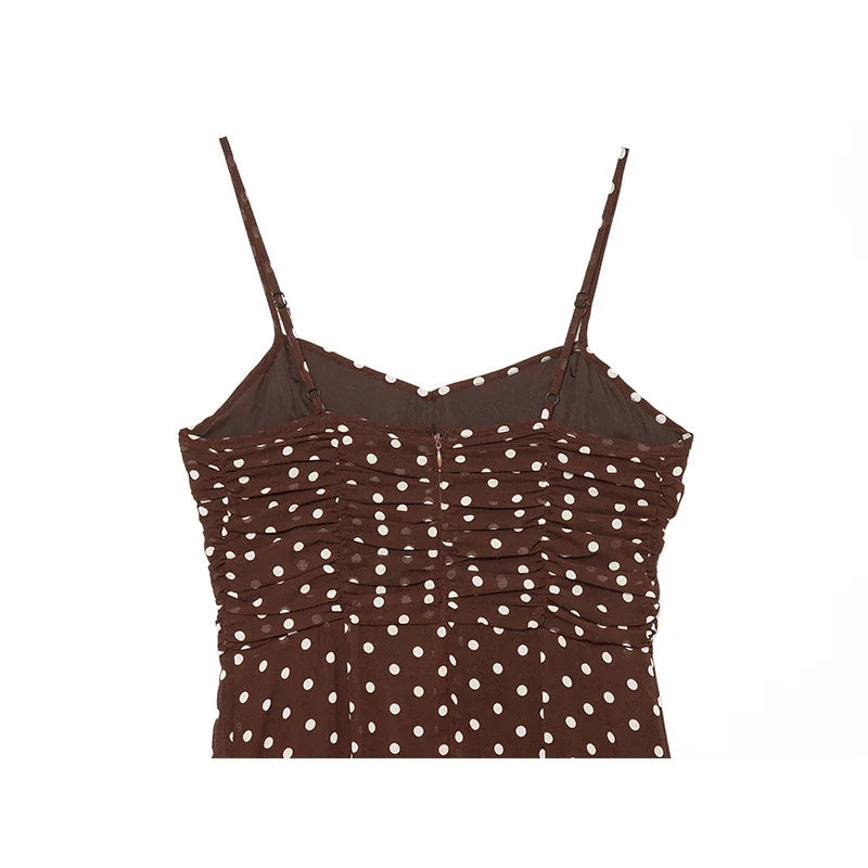 Summer Brown Polka Dot Spaghetti Strap Ruched Front Chiffon Midi Dresses
