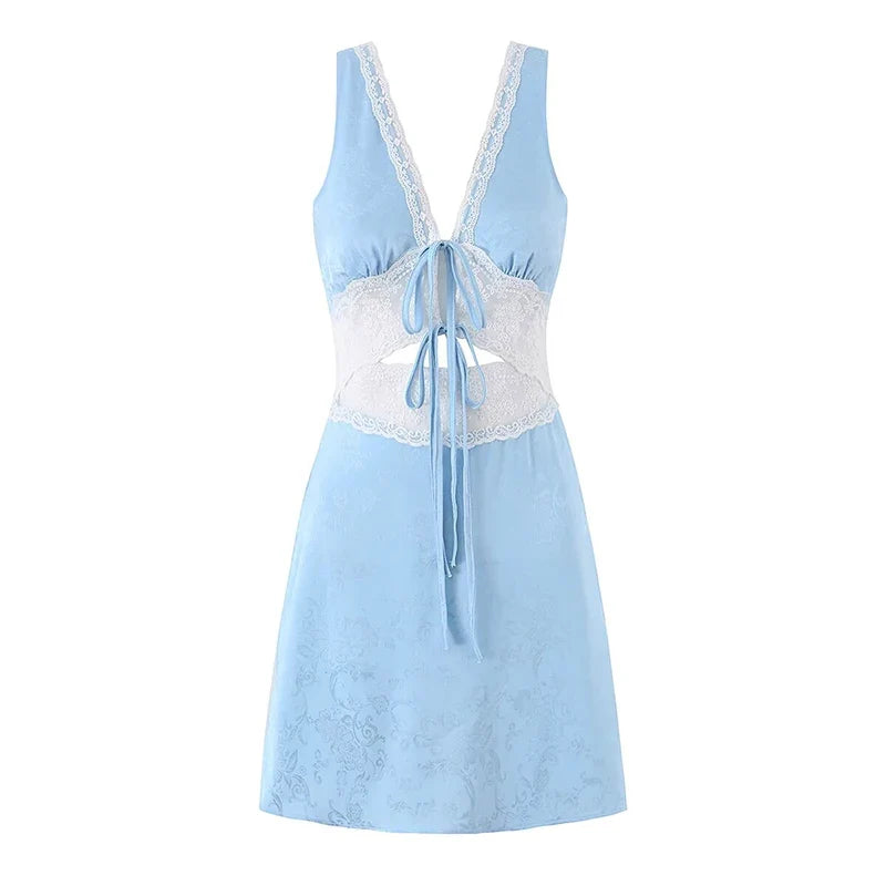 Summer Blue Lace Trim Cutout Mini Dresses