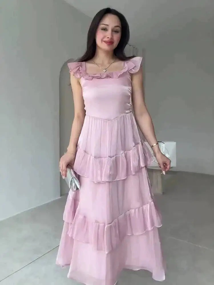 Sweet Square Neck Sleeveless Ruffle Edge Layered Spliced Waist Cinching Dresses