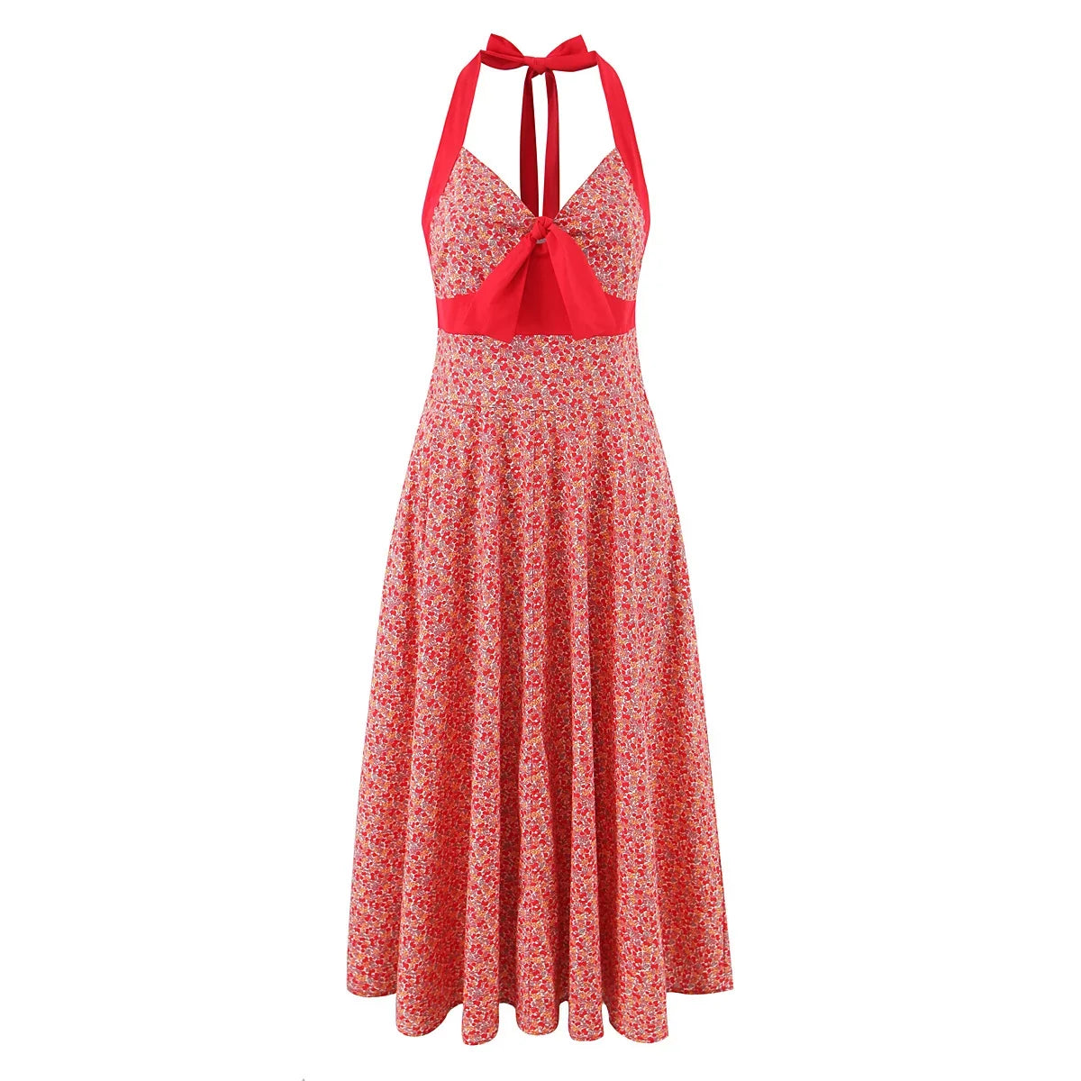 French Style Halter Sexy Backless Dresses Bow V Neck A-line Midi Vacation Summer Dresses