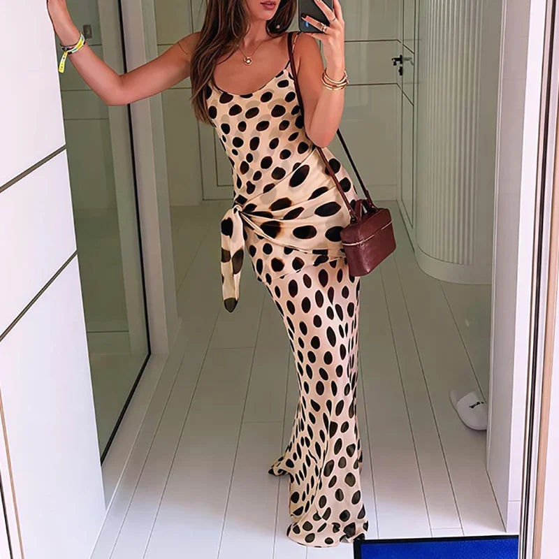 Ladies Sexy Backless Cocktail Party Dresses Summer Polka Dot Print Long Dresses