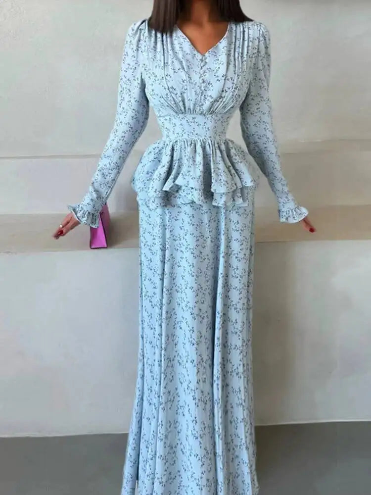 Fashionable V-neck Long Sleeved Waist Cinched Ruffle A-line Dresses