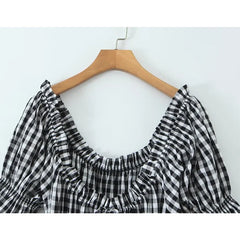 French Style Vintage Puff Sleeve Plaid Dresses