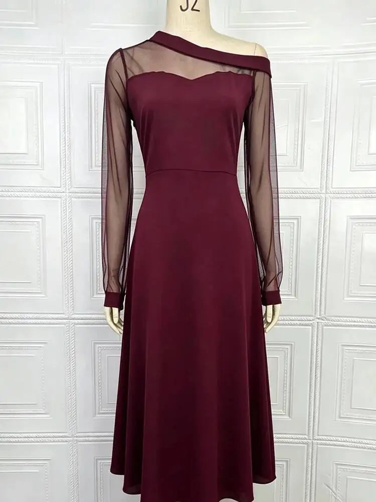 Elegant Diagonal Collar Long Sleeved Mesh Patchwork Dresses