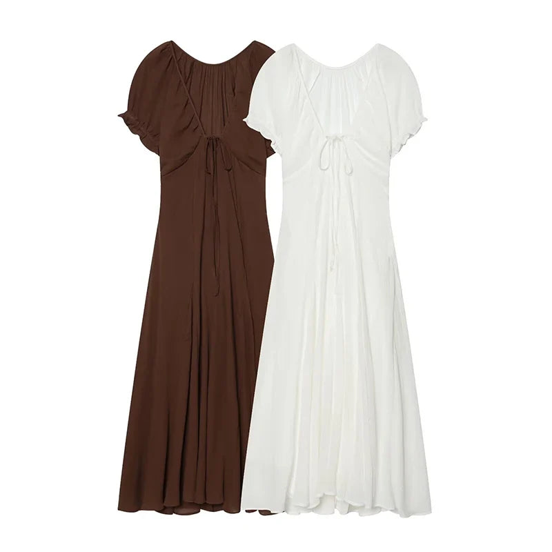 Brown V Neck Short Sleeve Dresses