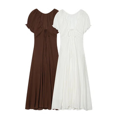 Brown V Neck Short Sleeve Dresses