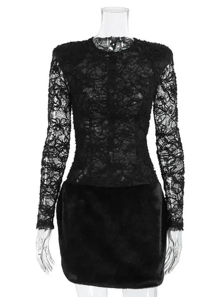 Temperament Round Neck Long Sleeved Lace Patchwork Slim Fit Dresses