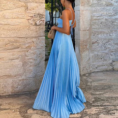 Blue High Waist Pleats Robe Dresses