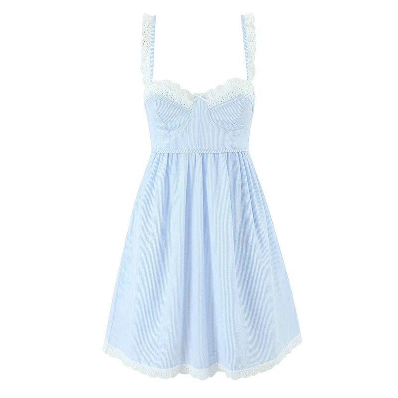 Lace Spliced Blue Striped Sling Short Dresses