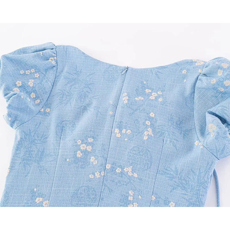 French Style Floral Print Elegant Dresses Vintage Puff Sleeve A-line Slim Summer Dresses