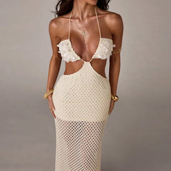 Simple Backless Lace Up Holiday Dresses Sequin Patchwork Knitted Woman Long Dresses