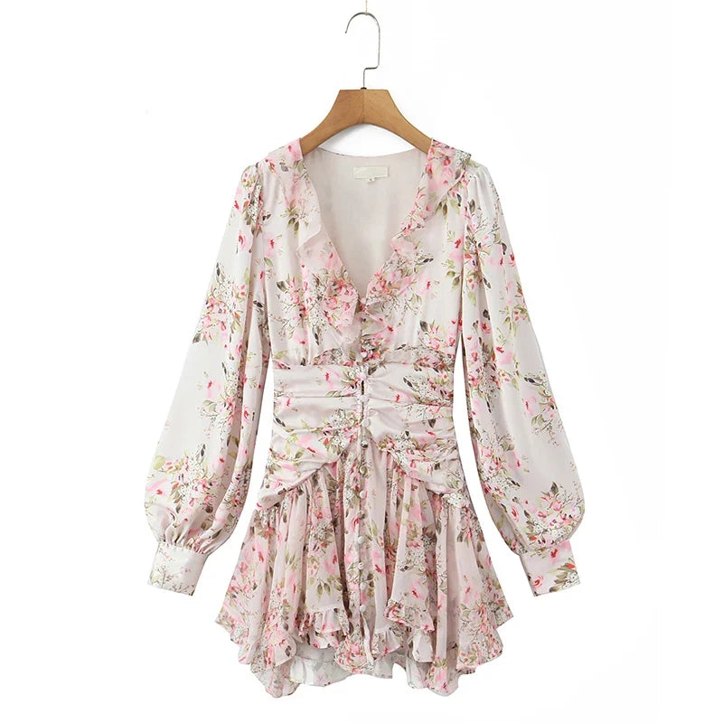 Autumn Boho Floral Print Ruffle Mini Dresses Long Sleeve V Neck Casual Holiday Lady Dresses