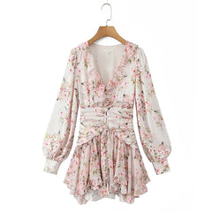 Autumn Boho Floral Print Ruffle Mini Dresses Long Sleeve V Neck Casual Holiday Lady Dresses