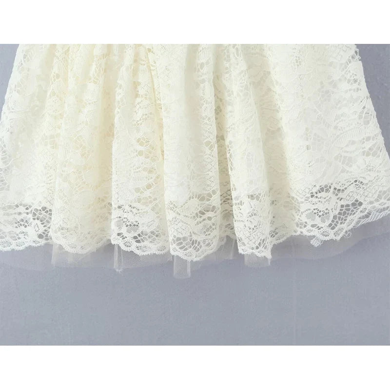 French Sweet Lace Mesh V Neck Bow Slim Mini Dresses