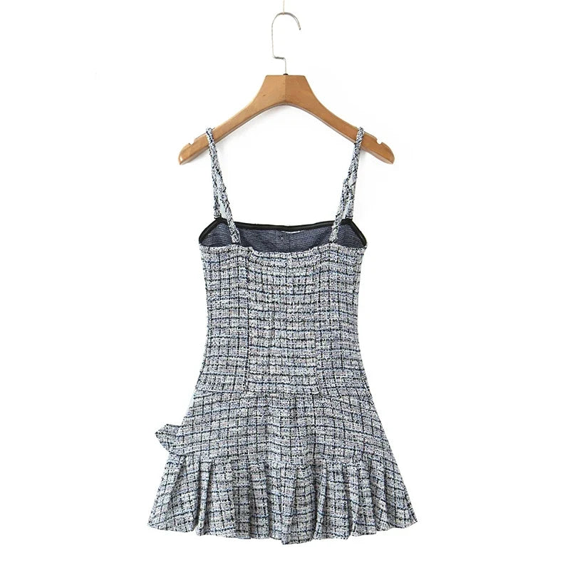 Vintage Plaid Front Button With Belt Pleated Hem Knit Sling Mini Dresses Sexy Robe