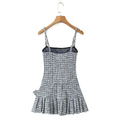 Vintage Plaid Front Button With Belt Pleated Hem Knit Sling Mini Dresses Sexy Robe