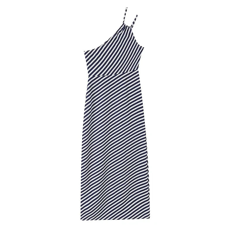 Positioning Diagonal Stripe Asymmetric Sling Dresses