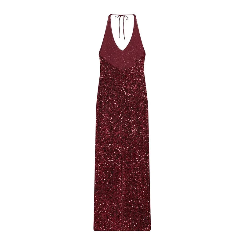 Backless Halter V Neck Sequin Long Dresses
