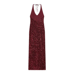 Backless Halter V Neck Sequin Long Dresses