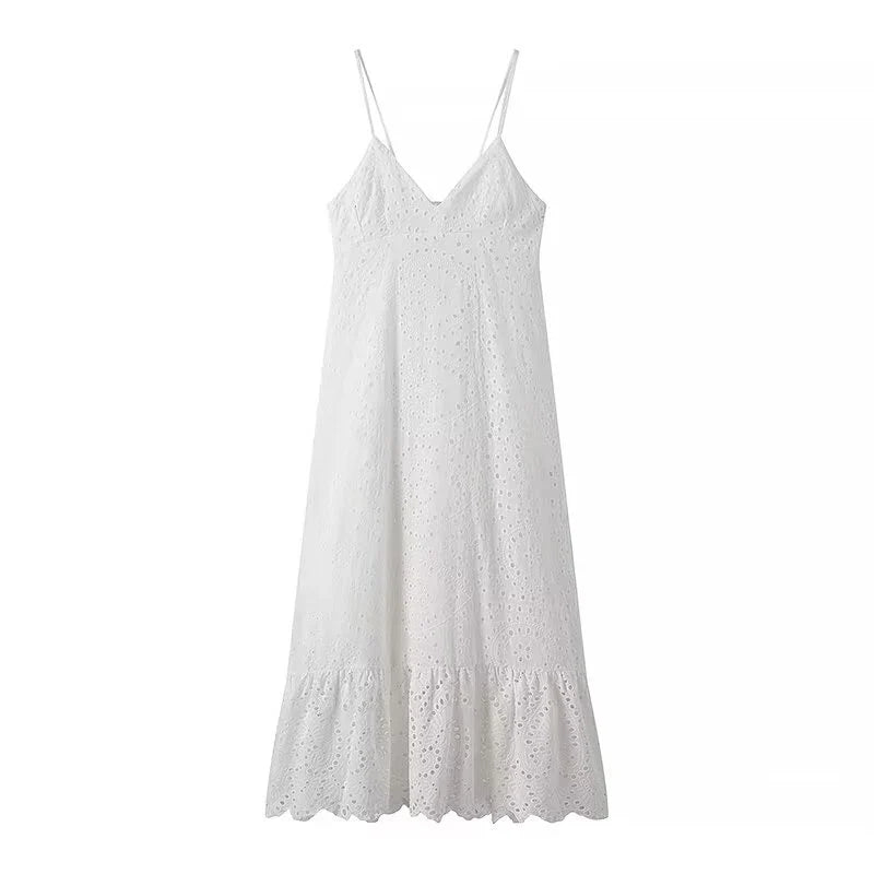 Sexy Backless Hollow Out Embroidery Spaghetti Strap Dresses