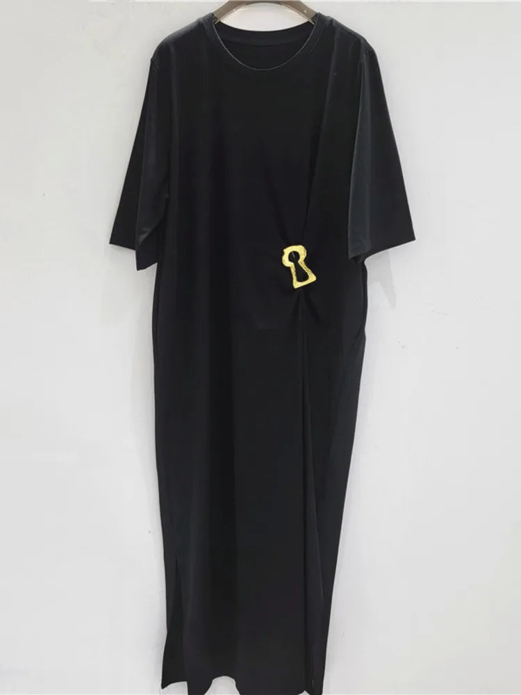 French Style Niche Metal Buckle Design Pleated Waist Short Sleeves Loose Casual Solid Color Dresses Summer