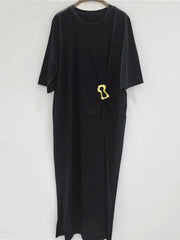French Style Niche Metal Buckle Design Pleated Waist Short Sleeves Loose Casual Solid Color Dresses Summer
