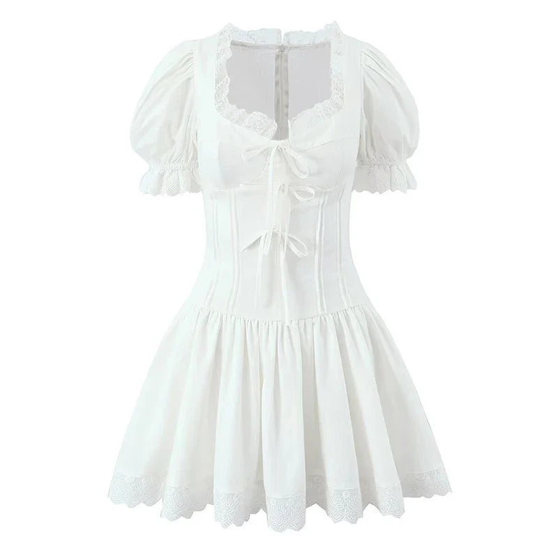 Lace Spliced Bow Beige White Sweet Dresses