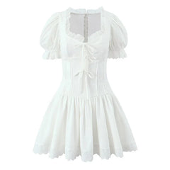 Lace Spliced Bow Beige White Sweet Dresses