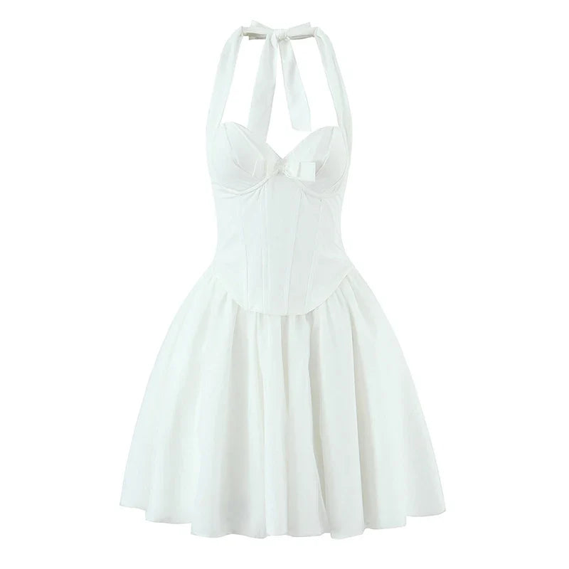 Elegant Pink White Sexy Backless Halter Ball Gown Mini Dresses For Lace Up Bandage Back Mesh Patchwork Party Dress