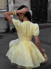 Sweet V-neck Short Sleeved Bandage Waist Embroidered Dresses
