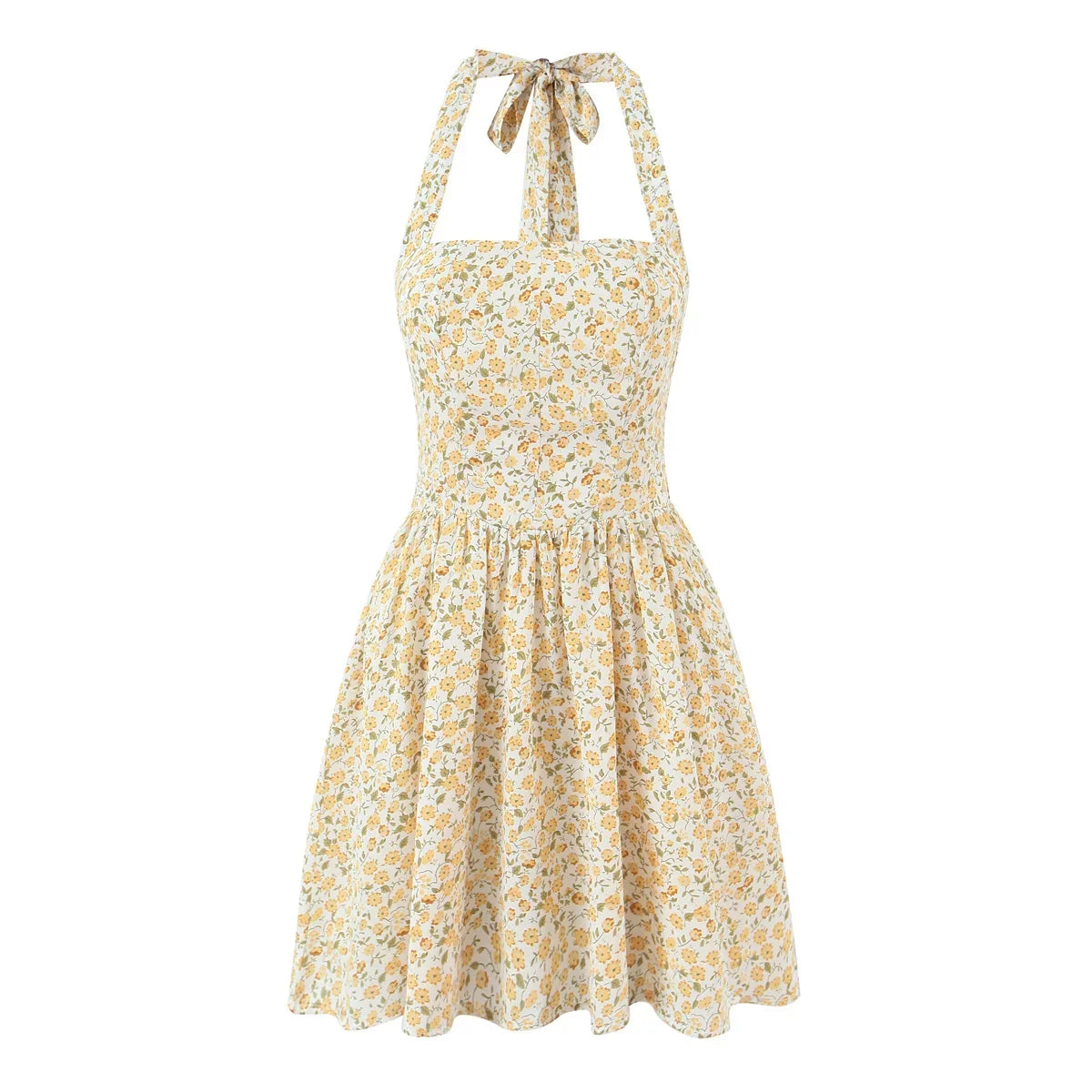 French Retro Floral Print Sexy Backless Halter Dresses
