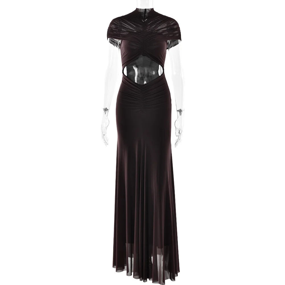 Fashionable Round Neck Patchwork Pleated Waist Exposed Navel Dresses