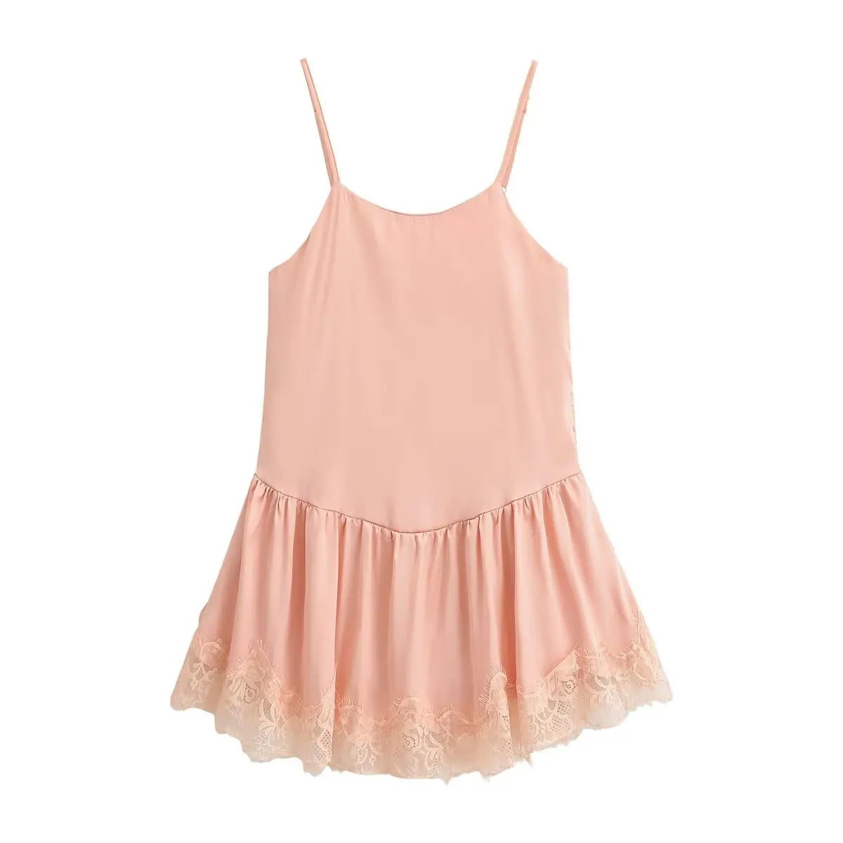 Lace Trim Spaghetti Strap Ruffle Hem Satin Sling Mini Dresses
