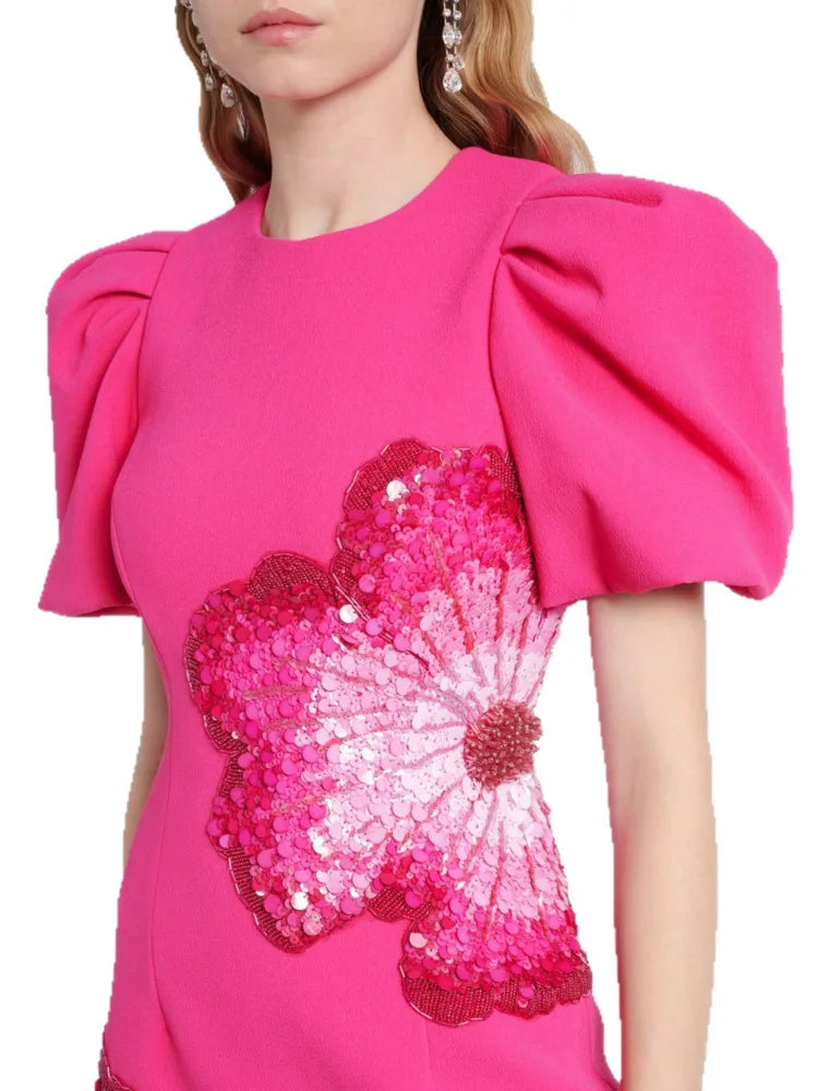 summer clothing round neck short sleeves embroidery pullover slim mid calf Dresses