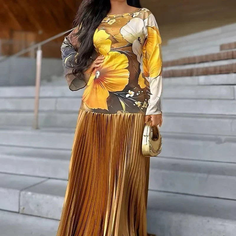 Casual Long Sleeved O-neck Dresses Vintage Pattern Printed Pleated Holiday Dresses